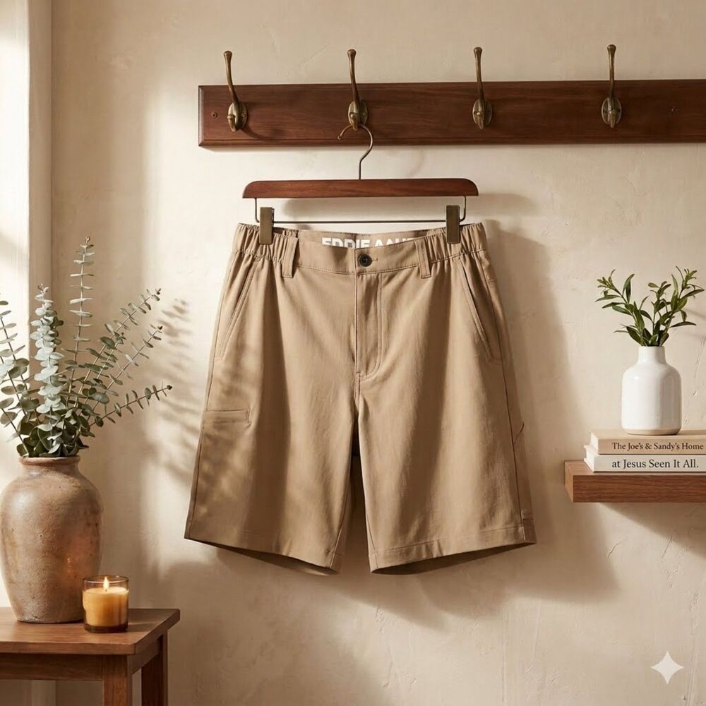 Eddie Bauer Flex Waist Tech Shorts Mens M Tan UPF 30 Stretch Cargo Hiking